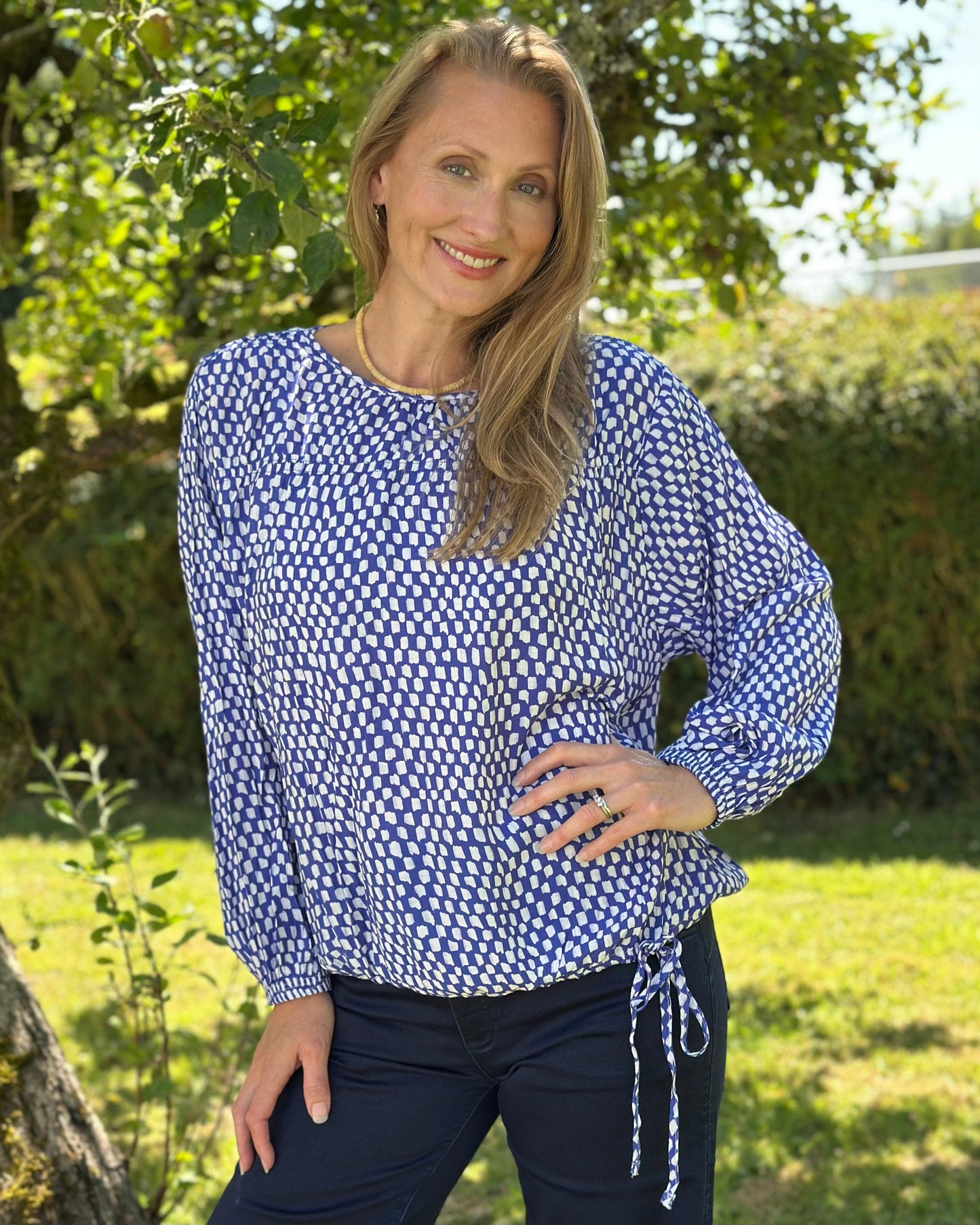 Clothing Geo Spot Drawstring Hem Blouse - Blue/White