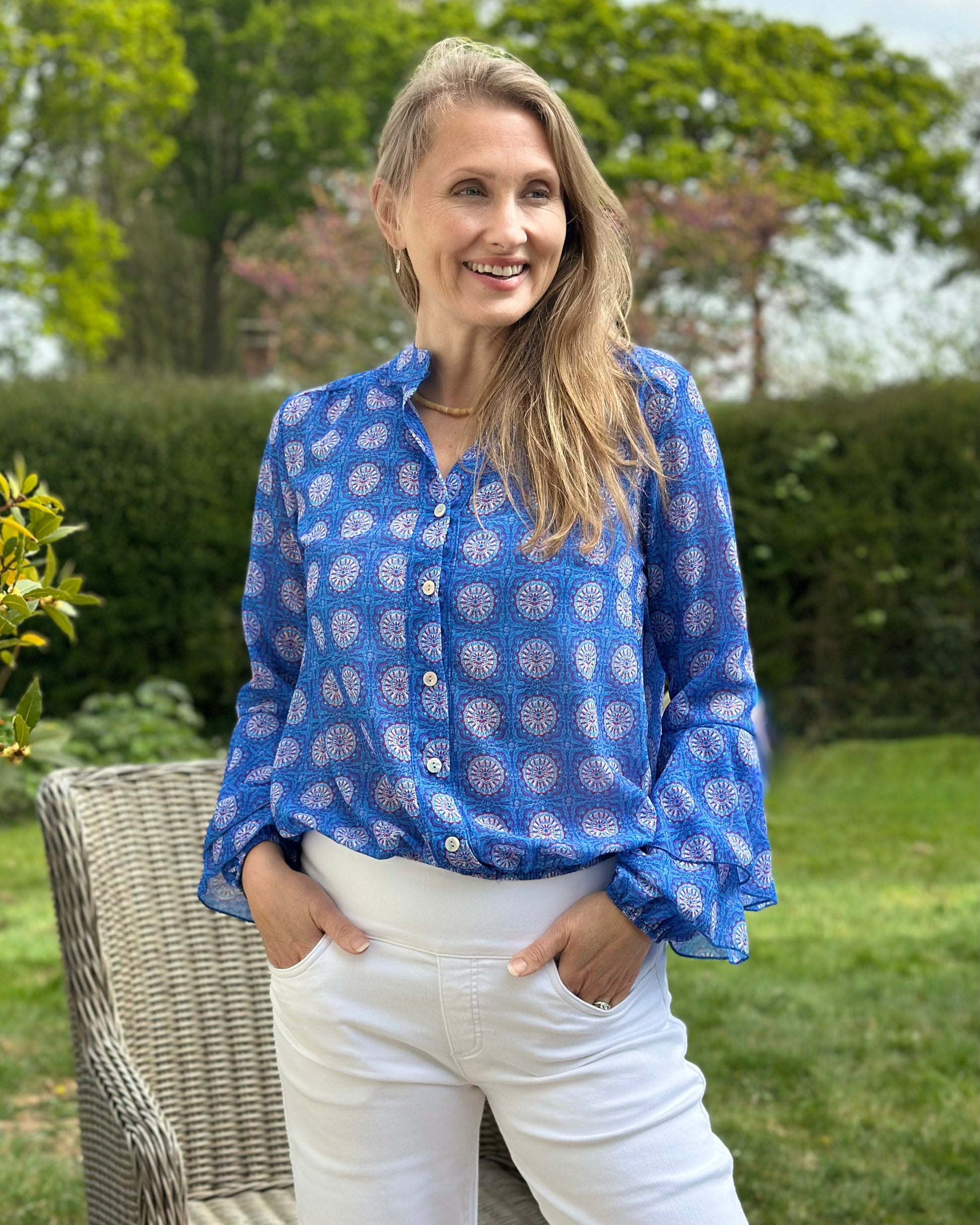clothing Geometric Print Spanish Sleeve Blouse - Cobalt Blue