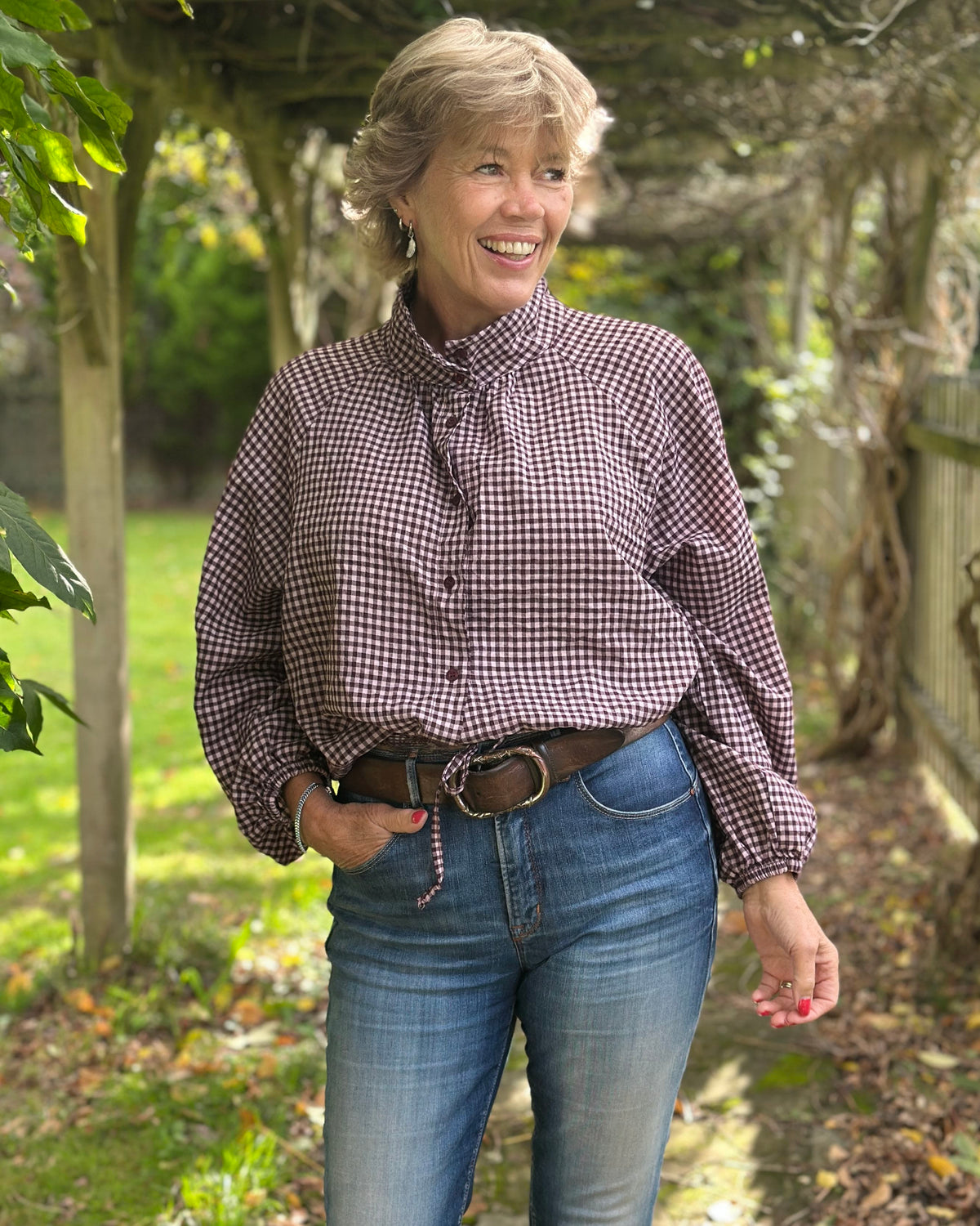Clothing Gingham High Neck Top - Burgundy