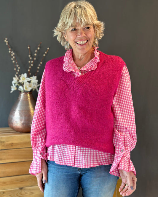 Clothing Gingham Ruffled Blouse - White/Fuchsia