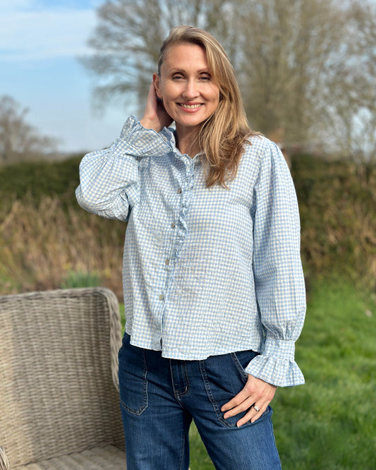 Clothing Gingham Ruffled Blouse - White/Pale Blue