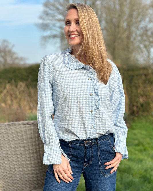 Clothing Gingham Ruffled Blouse - White/Pale Blue