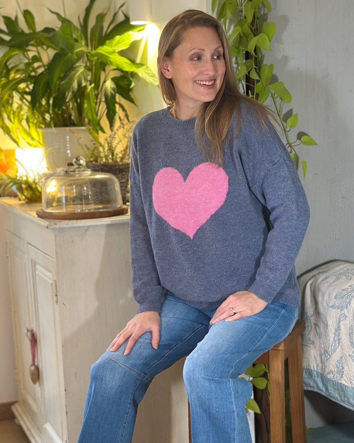 clothing Heart Motive Jumper - Denim/Pink