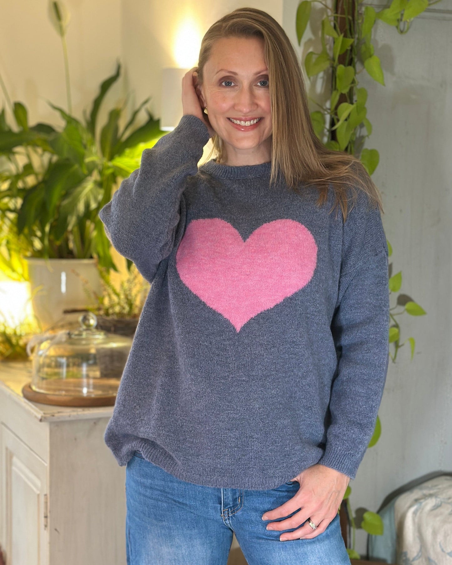clothing Heart Motive Jumper - Denim/Pink