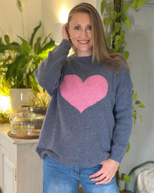 clothing Heart Motive Jumper - Denim/Pink