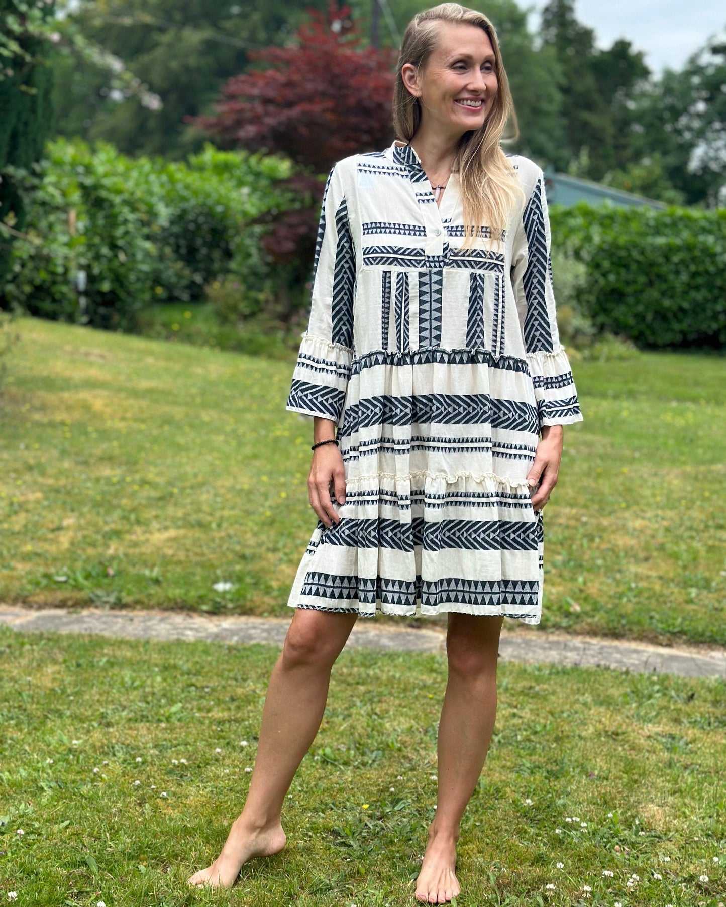 clothing Jacquard Print Tiered Dress - Navy And Cream