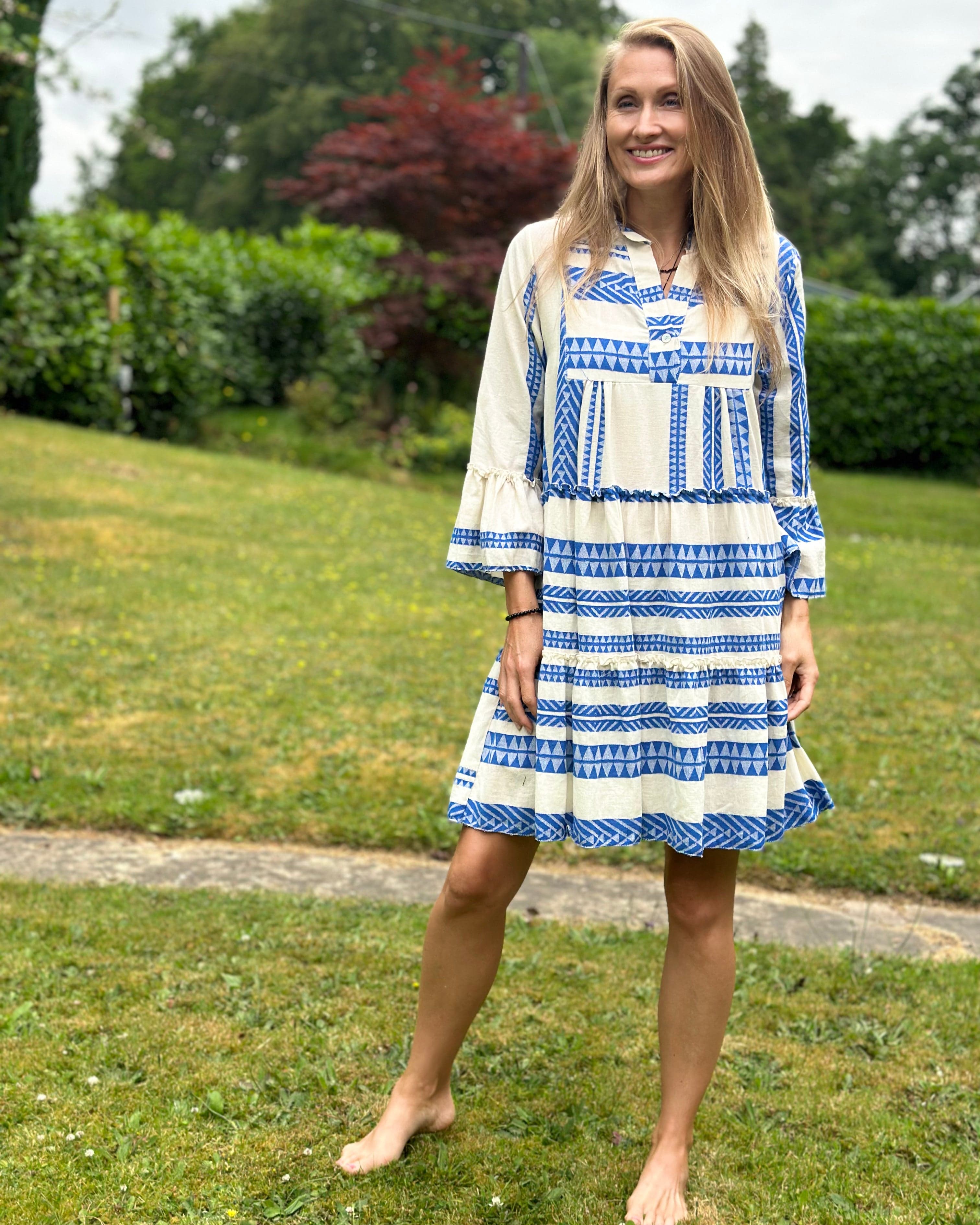 Jacquard Print Tiered Dress Royal Blue And Cream