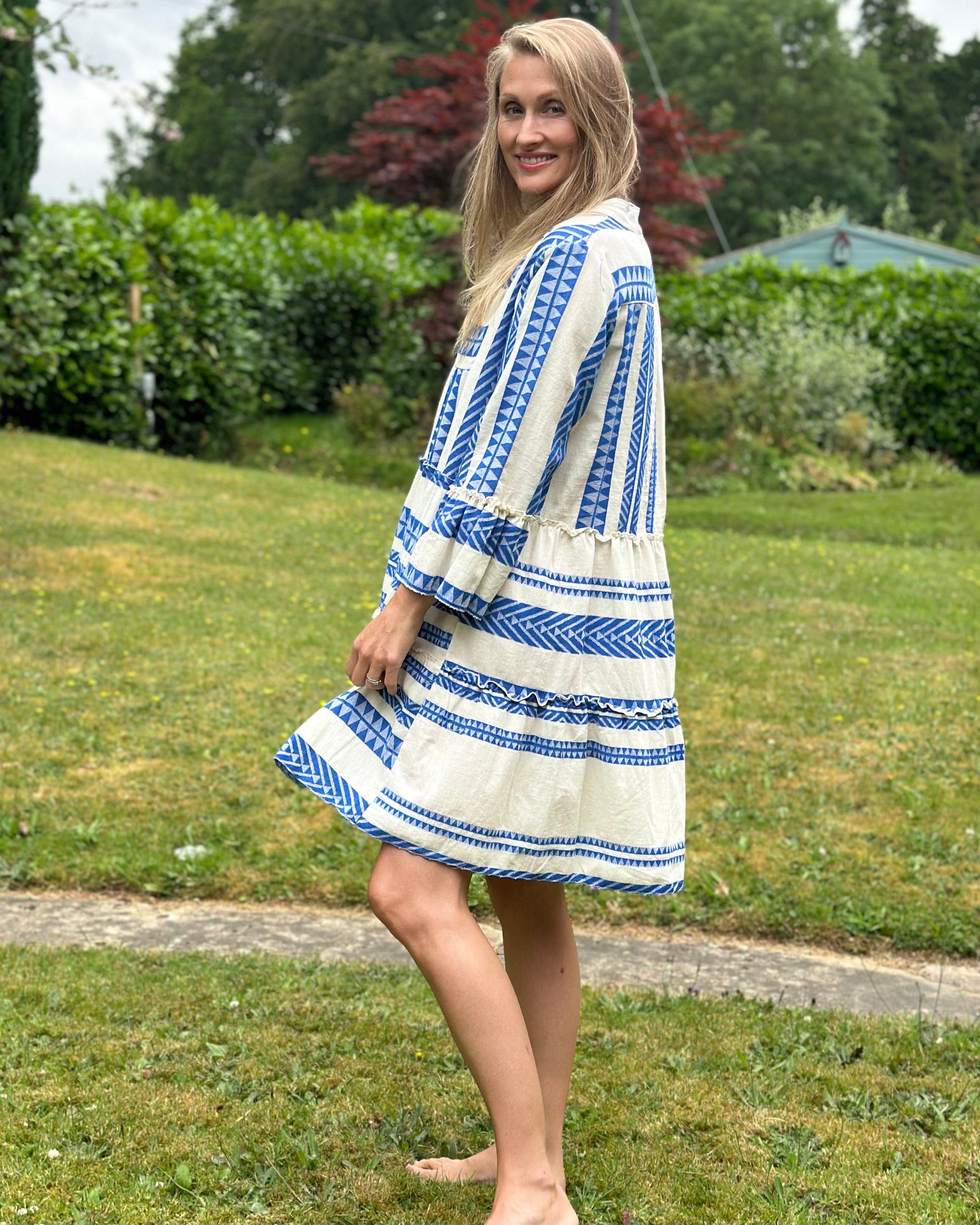 clothing Jacquard Print Tiered Dress - Royal Blue And Cream
