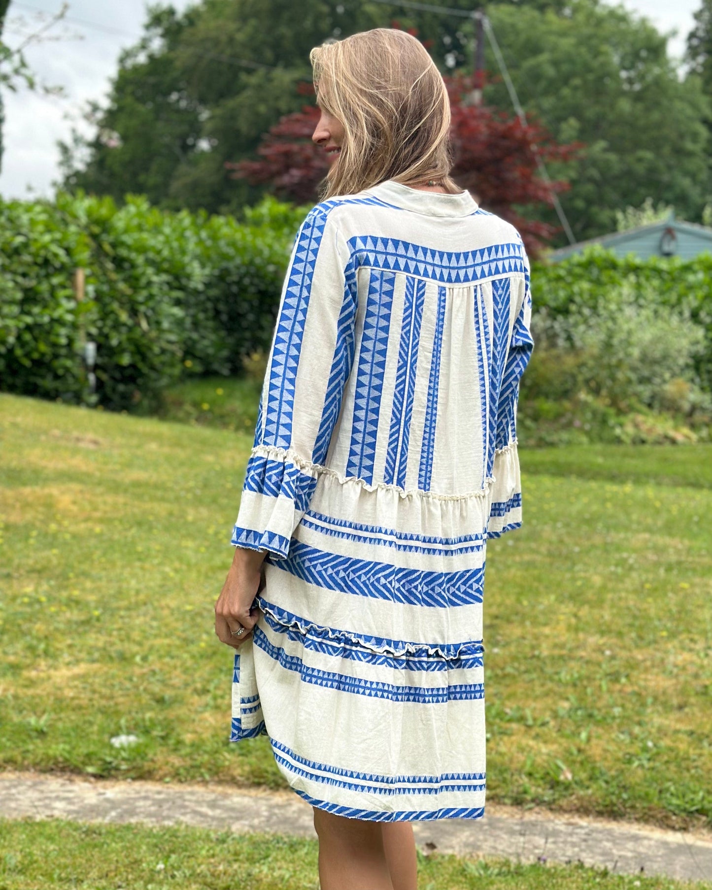 clothing Jacquard Print Tiered Dress - Royal Blue And Cream