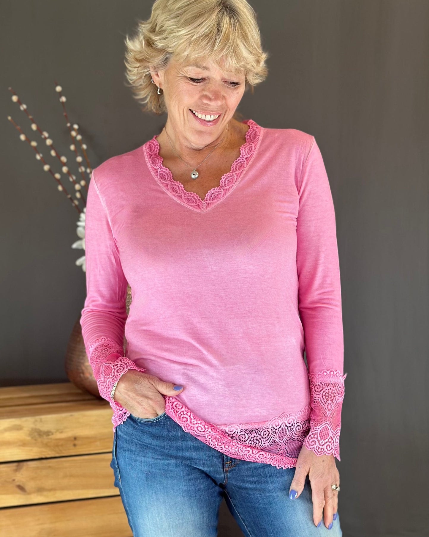 clothing Lace Detail Long Sleeved Top - Bubblegum Pink