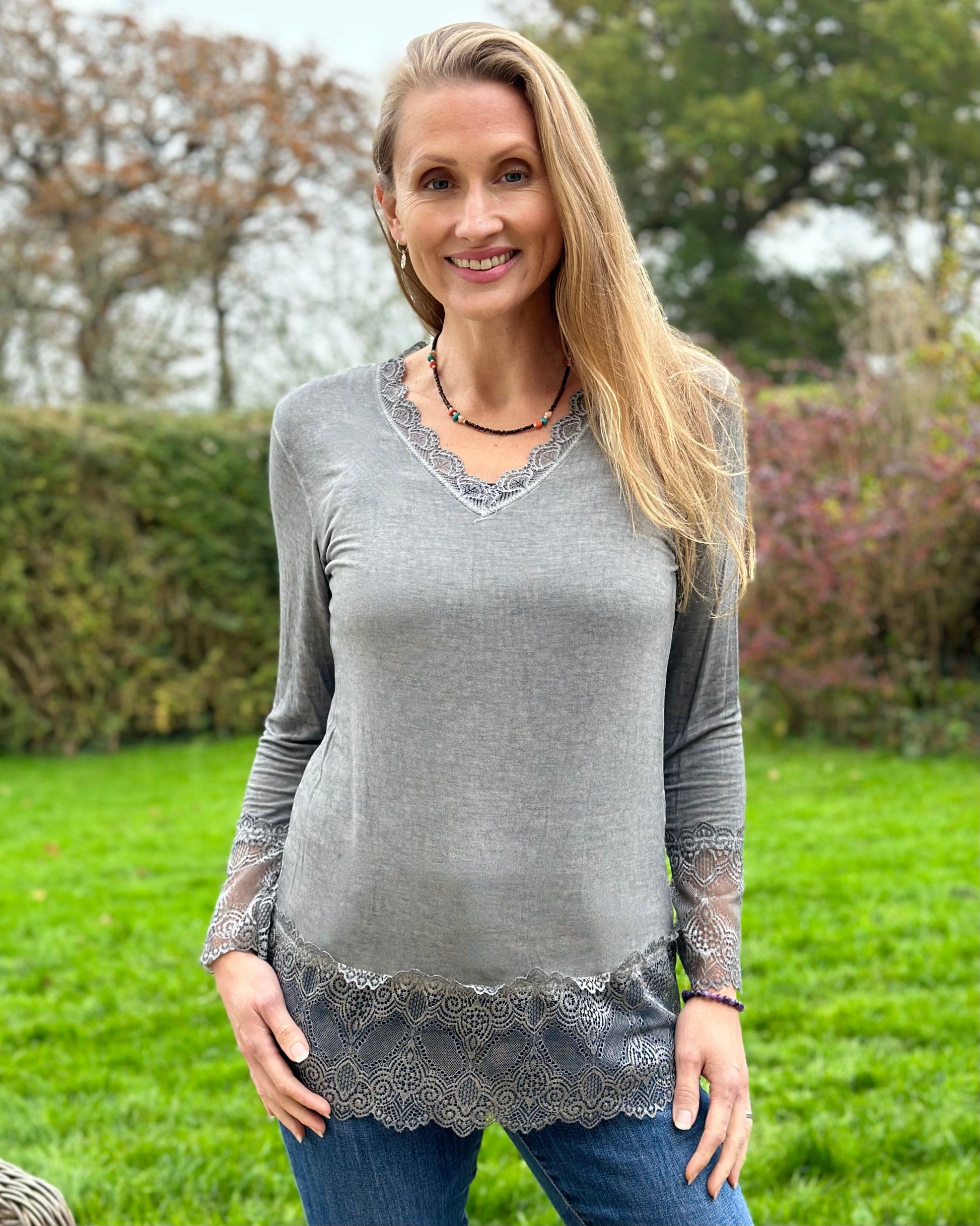 clothing Lace Detail Long Sleeved Top - Grey