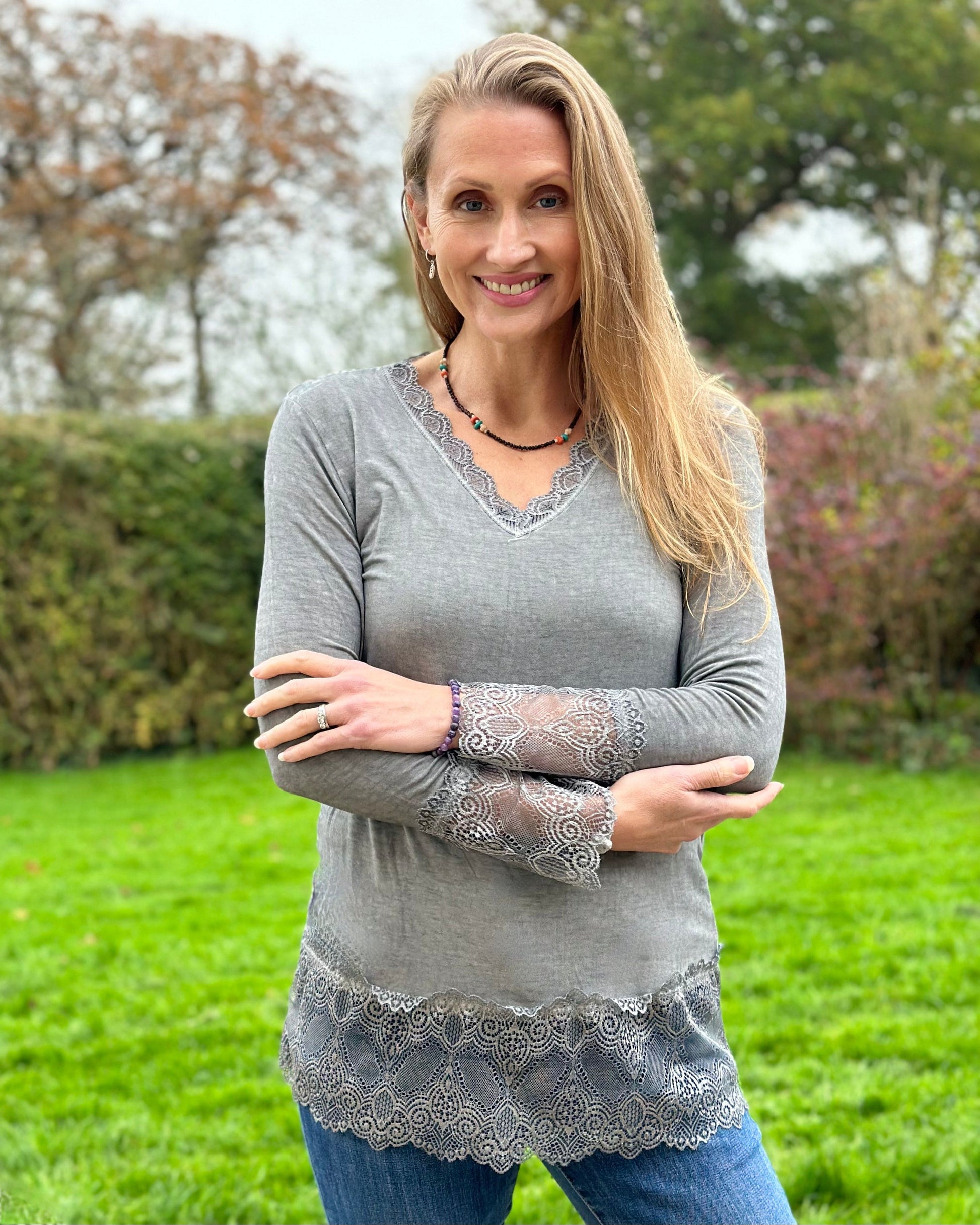 clothing Lace Detail Long Sleeved Top - Grey