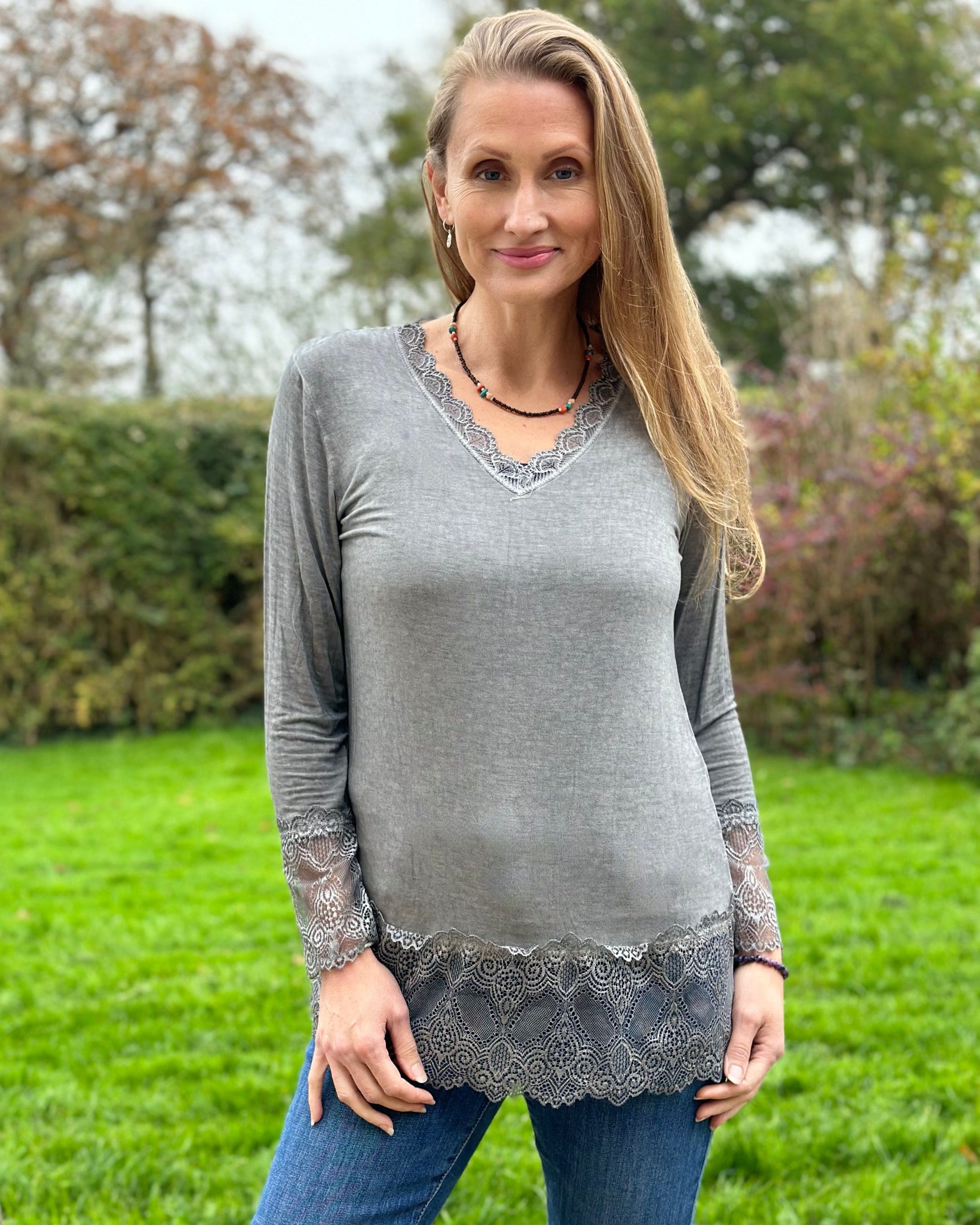 clothing Lace Detail Long Sleeved Top - Grey