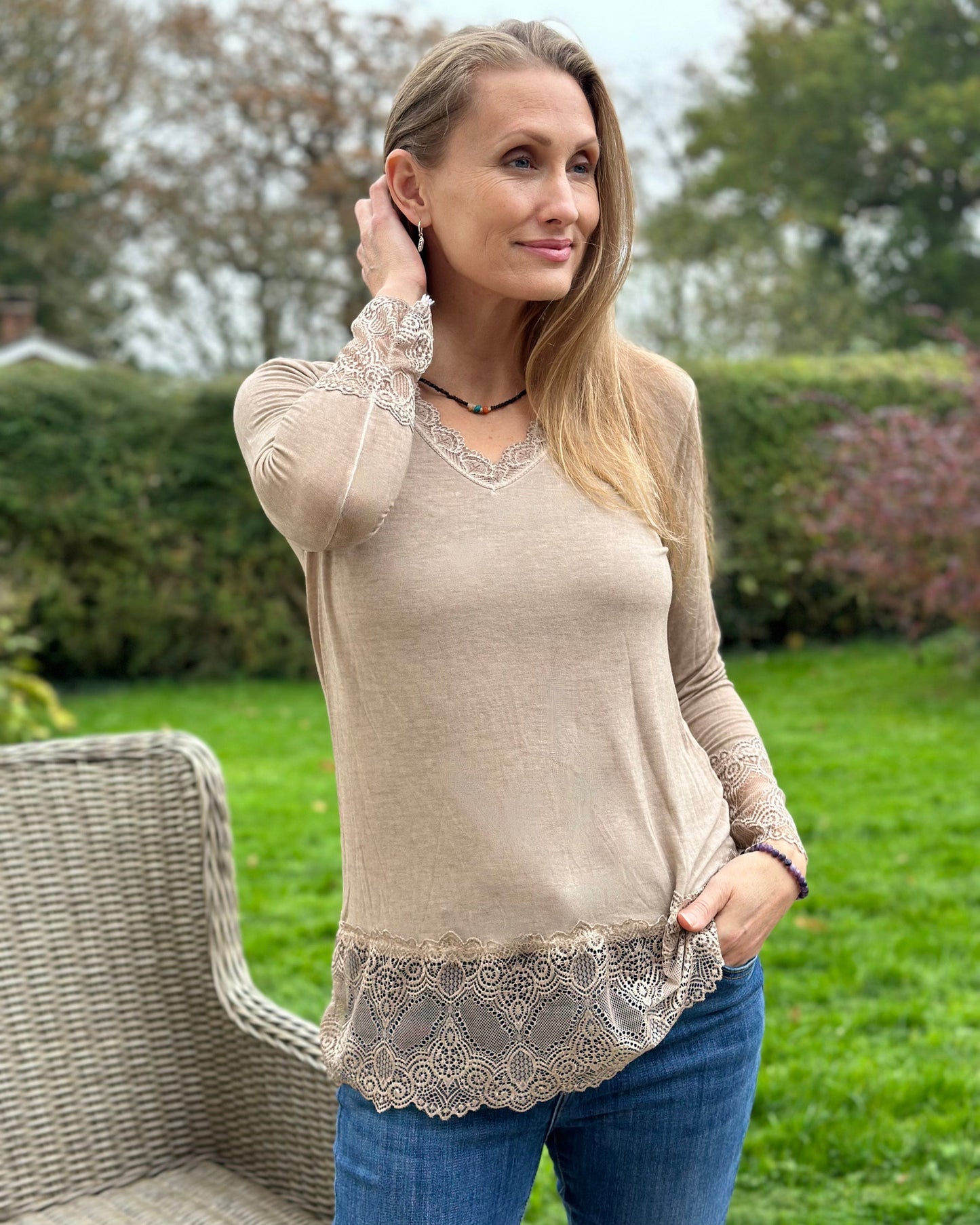 clothing Lace Detail Long Sleeved Top - Pale Caramel