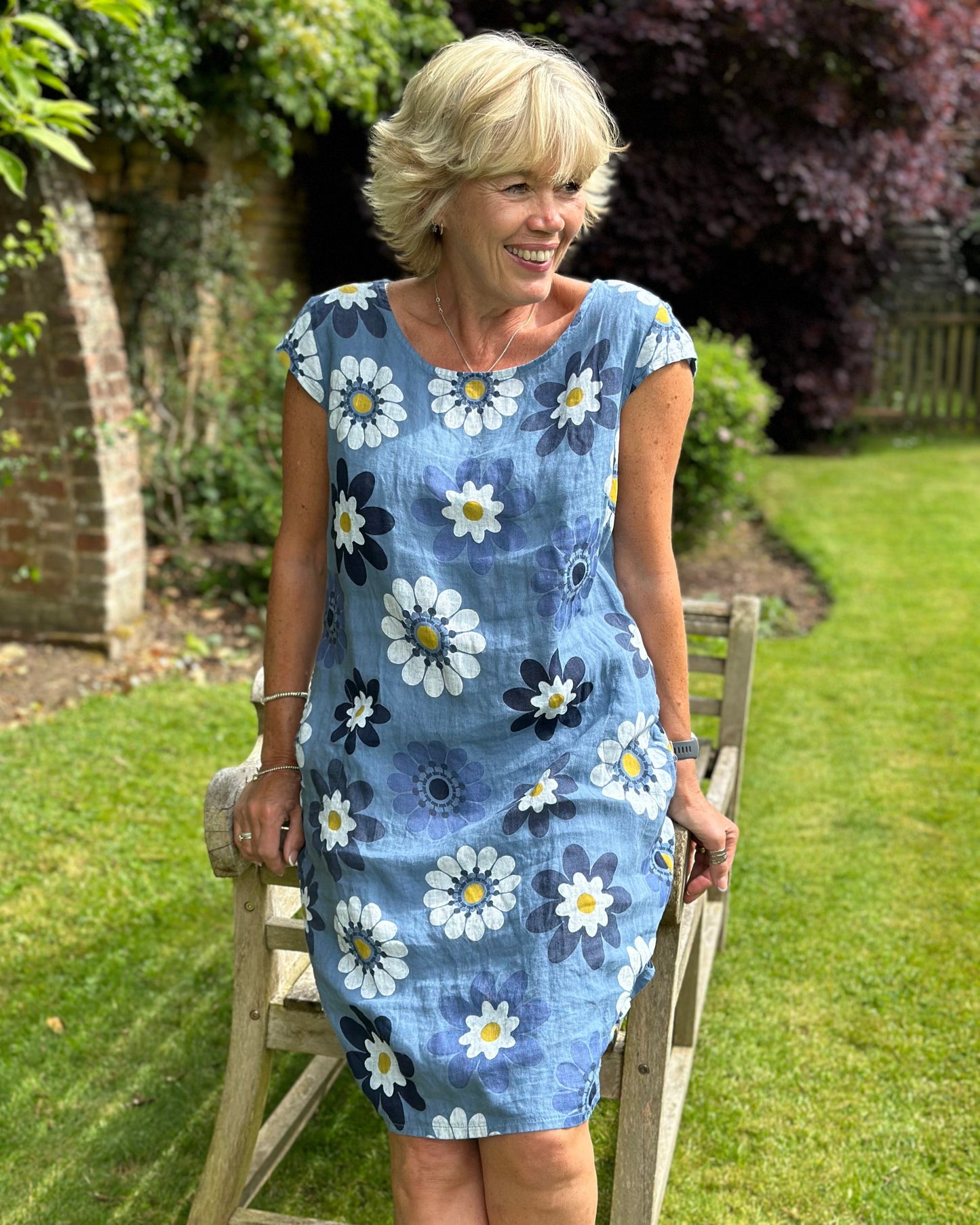 clothing Large Flower Linen Dress - Denim