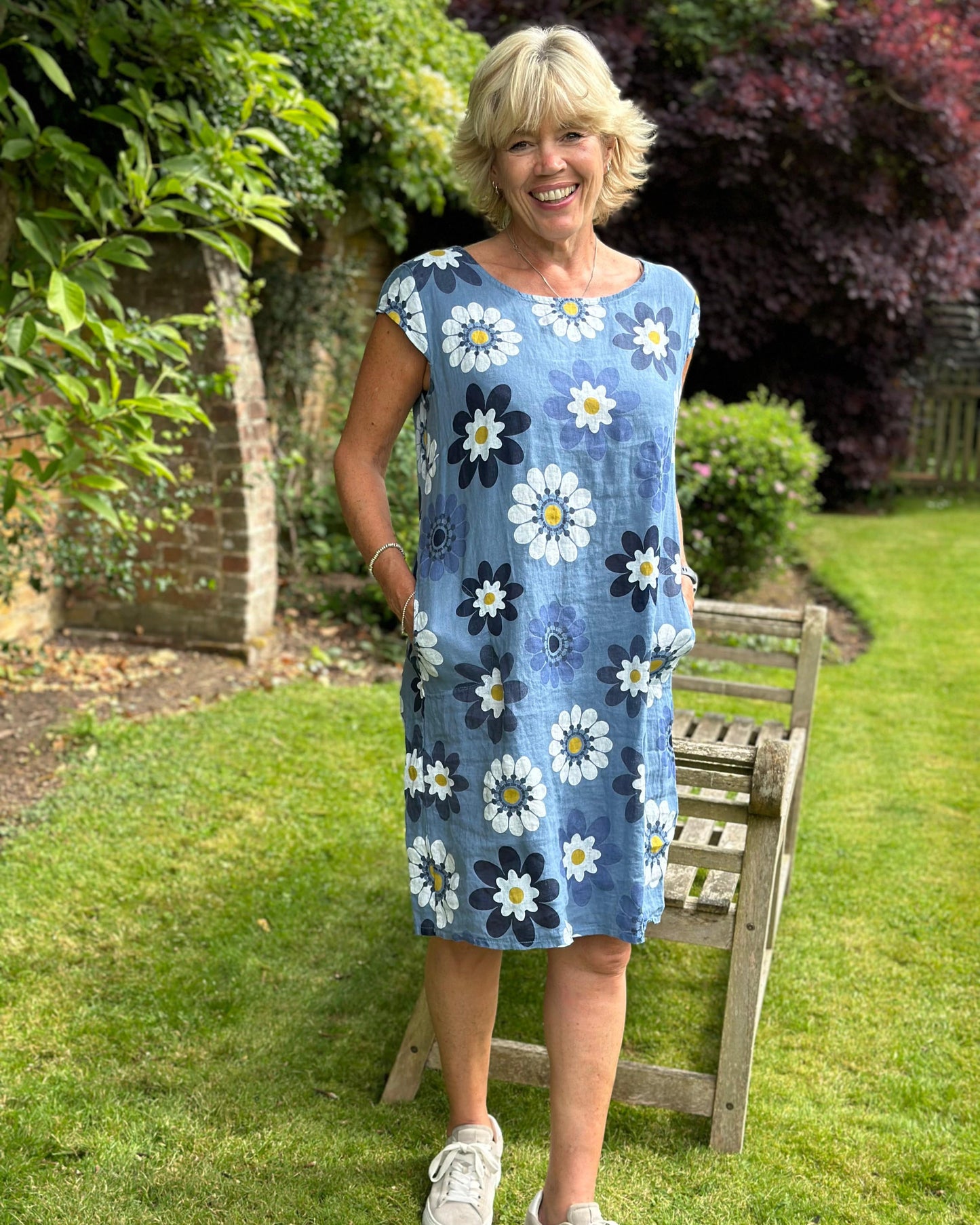 clothing Large Flower Linen Dress - Denim