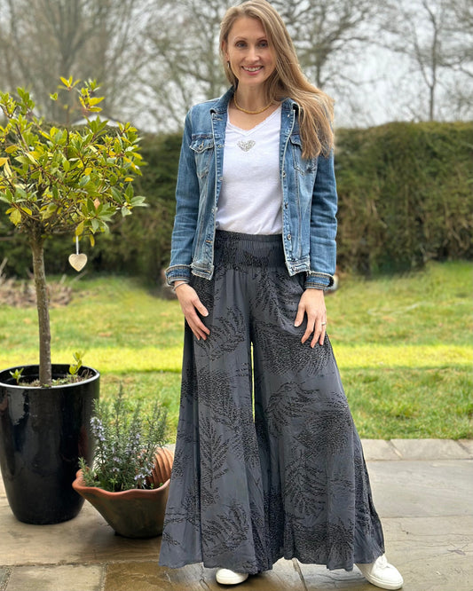 clothing Leaf Pattern Palazzo Trousers - Dark Grey