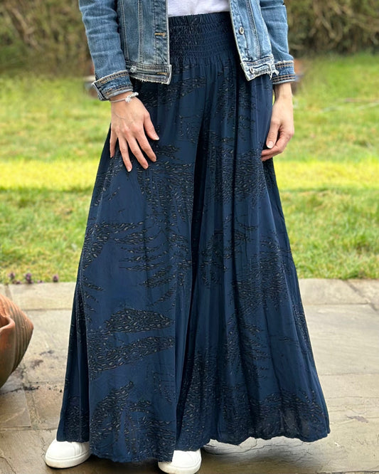 clothing Leaf Pattern Palazzo Trousers - Navy