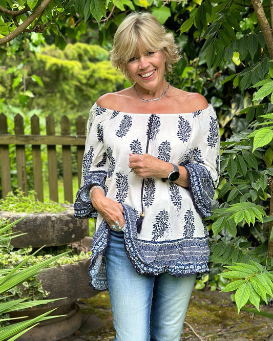 Clothing Leaf Printed Frilled Top - Cream/Navy