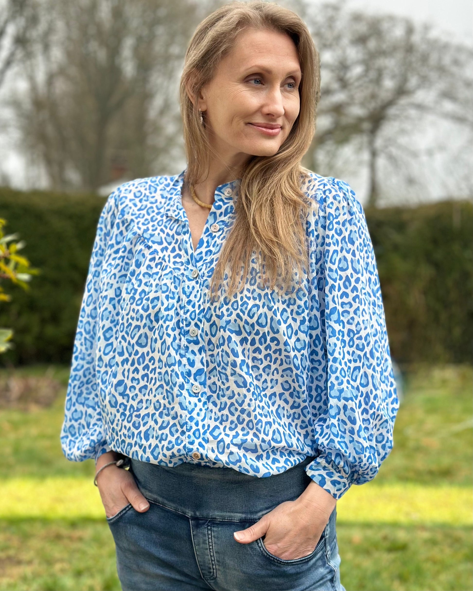 clothing Leopard Print Cotton Blouse - Blue