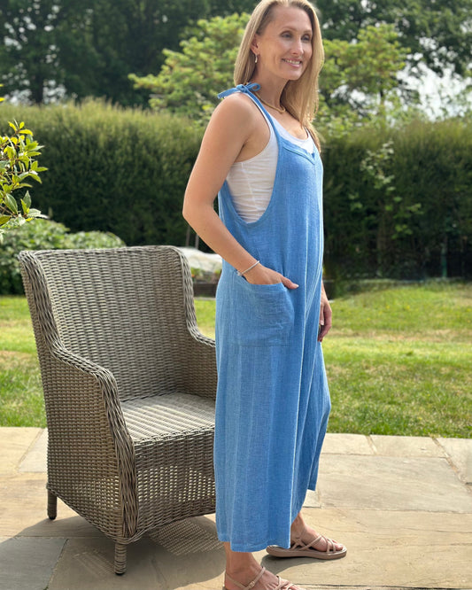 clothing Linen/Cotton Tie Strap Dungarees - Cornflower Blue