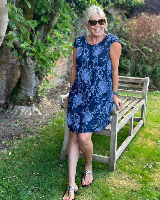 clothing Linen Dress - Dandelion Print Navy