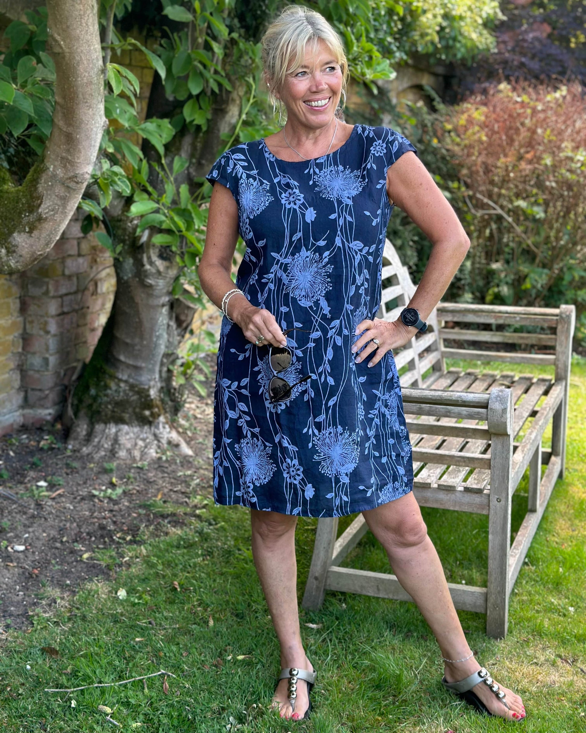 clothing Linen Dress - Dandelion Print Navy