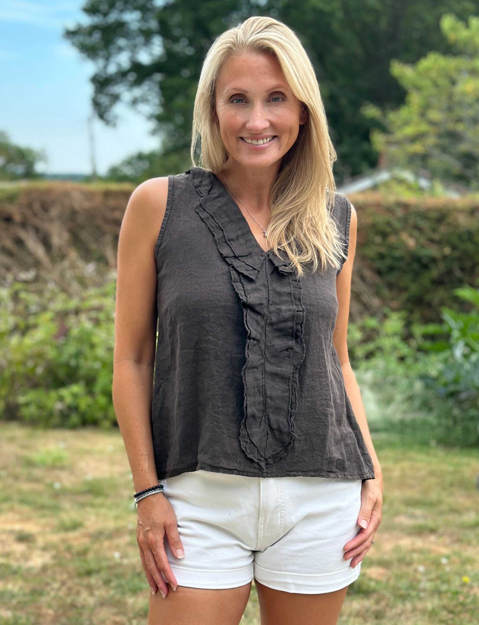 Clothing Linen Frill Top - Dark Chocolate
