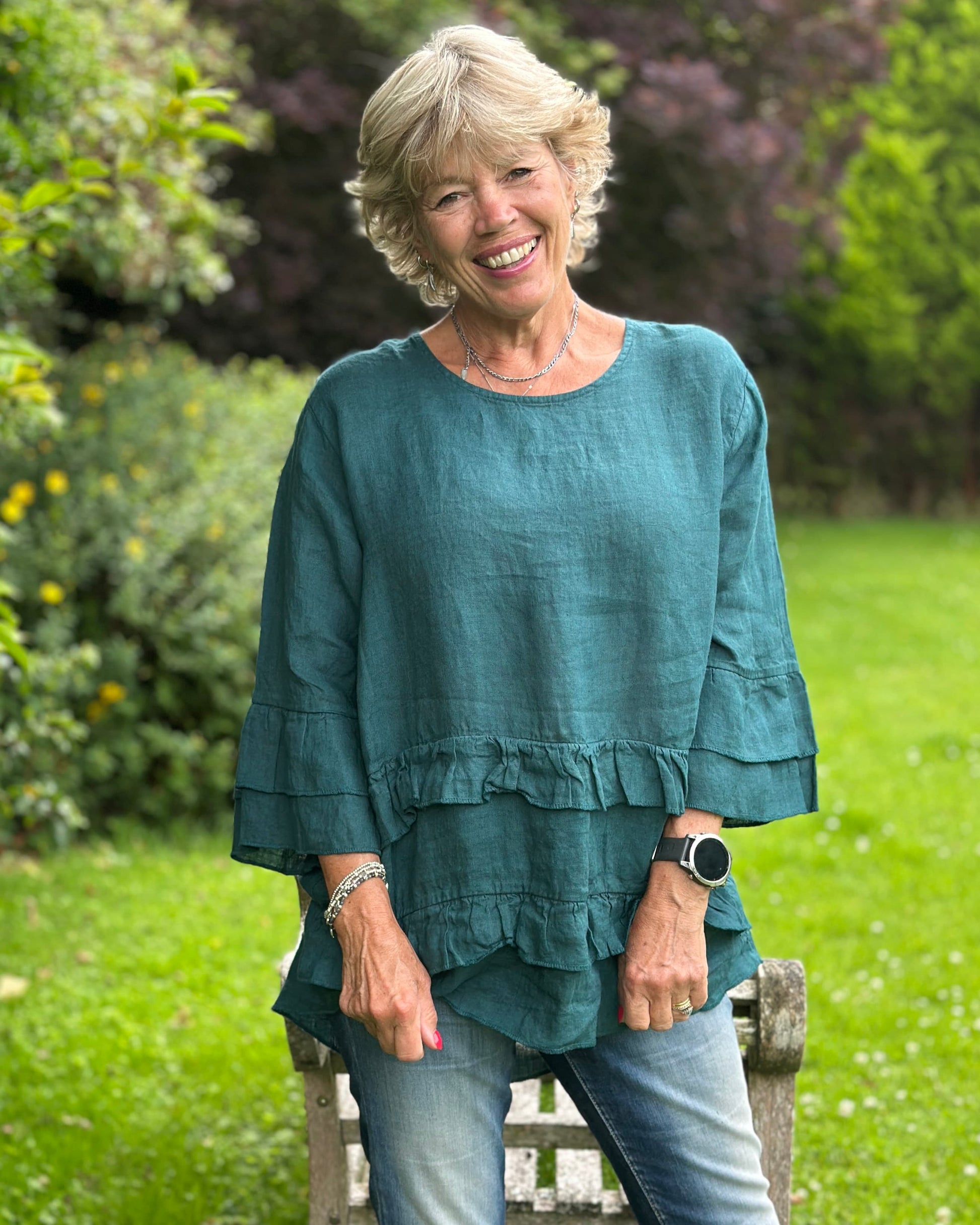 Clothing Linen Frill Top - Forest Green