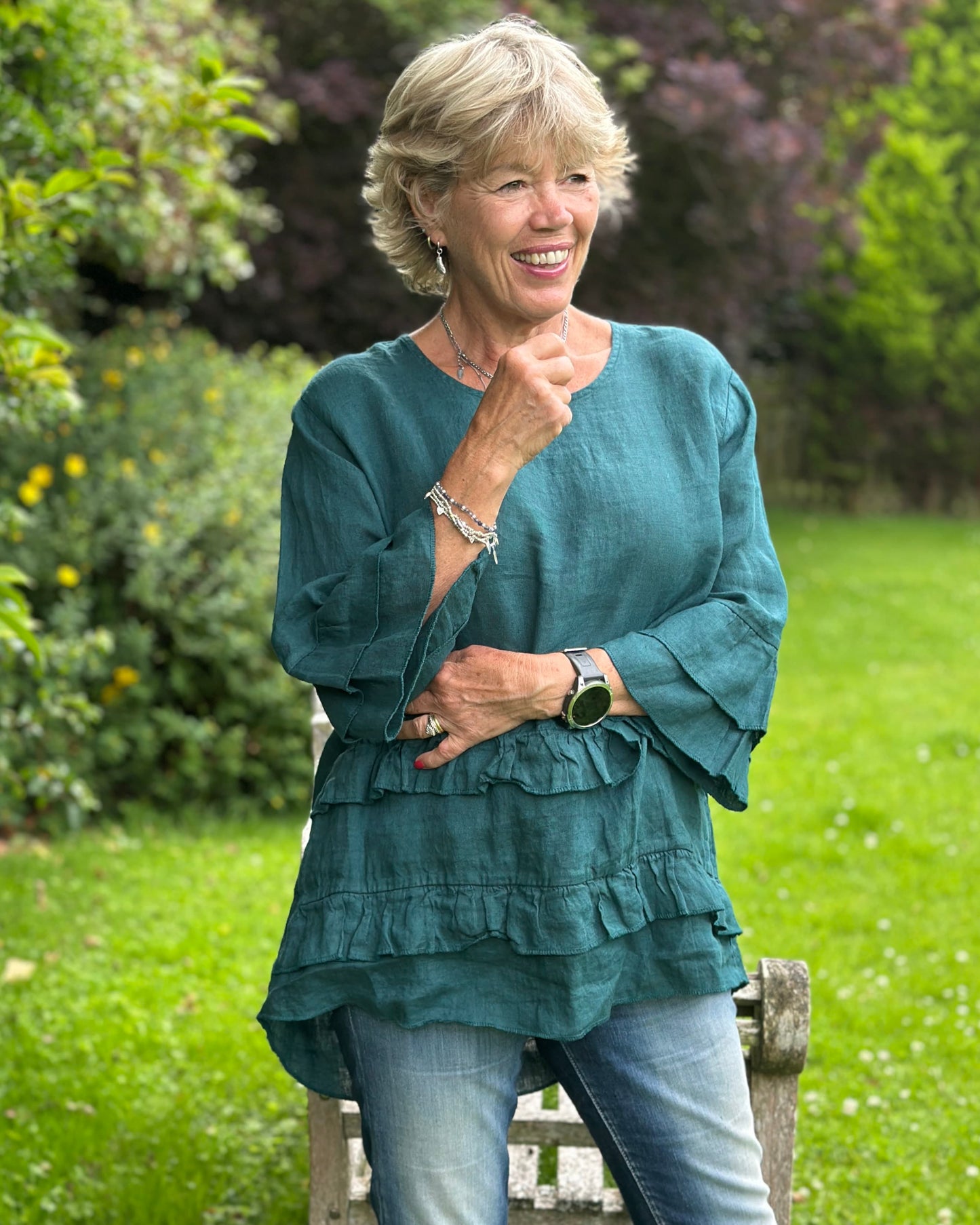 Clothing Linen Frill Top - Forest Green