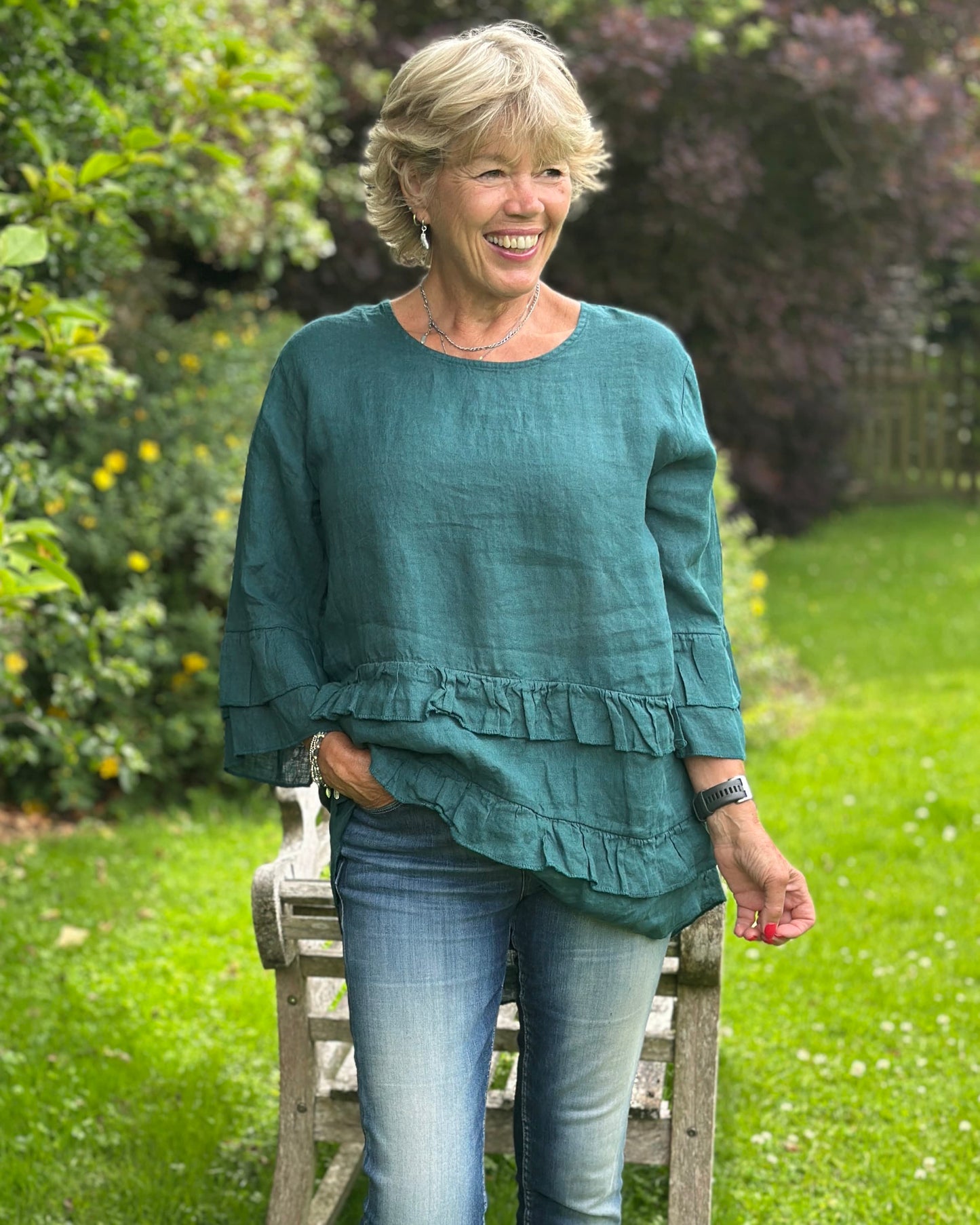 Clothing Linen Frill Top - Forest Green