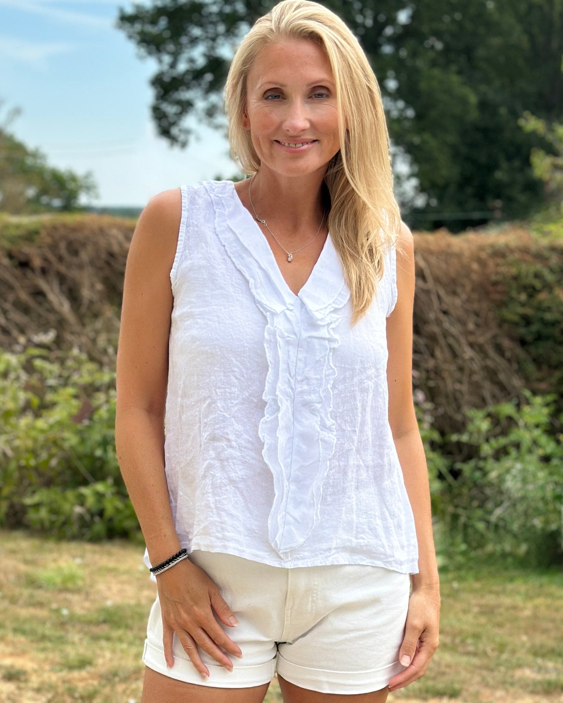 Clothing Linen Frill Top - White