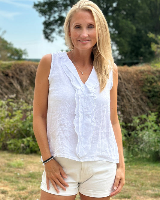 Clothing Linen Frill Top - White
