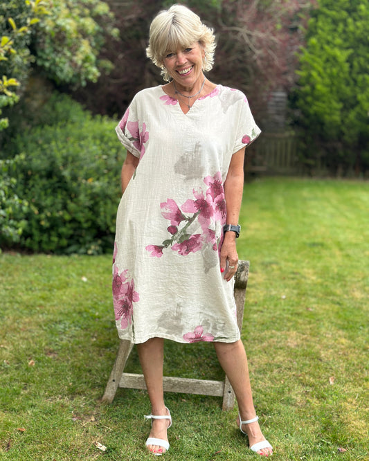 clothing Linen Mix Floral Dress - Cream
