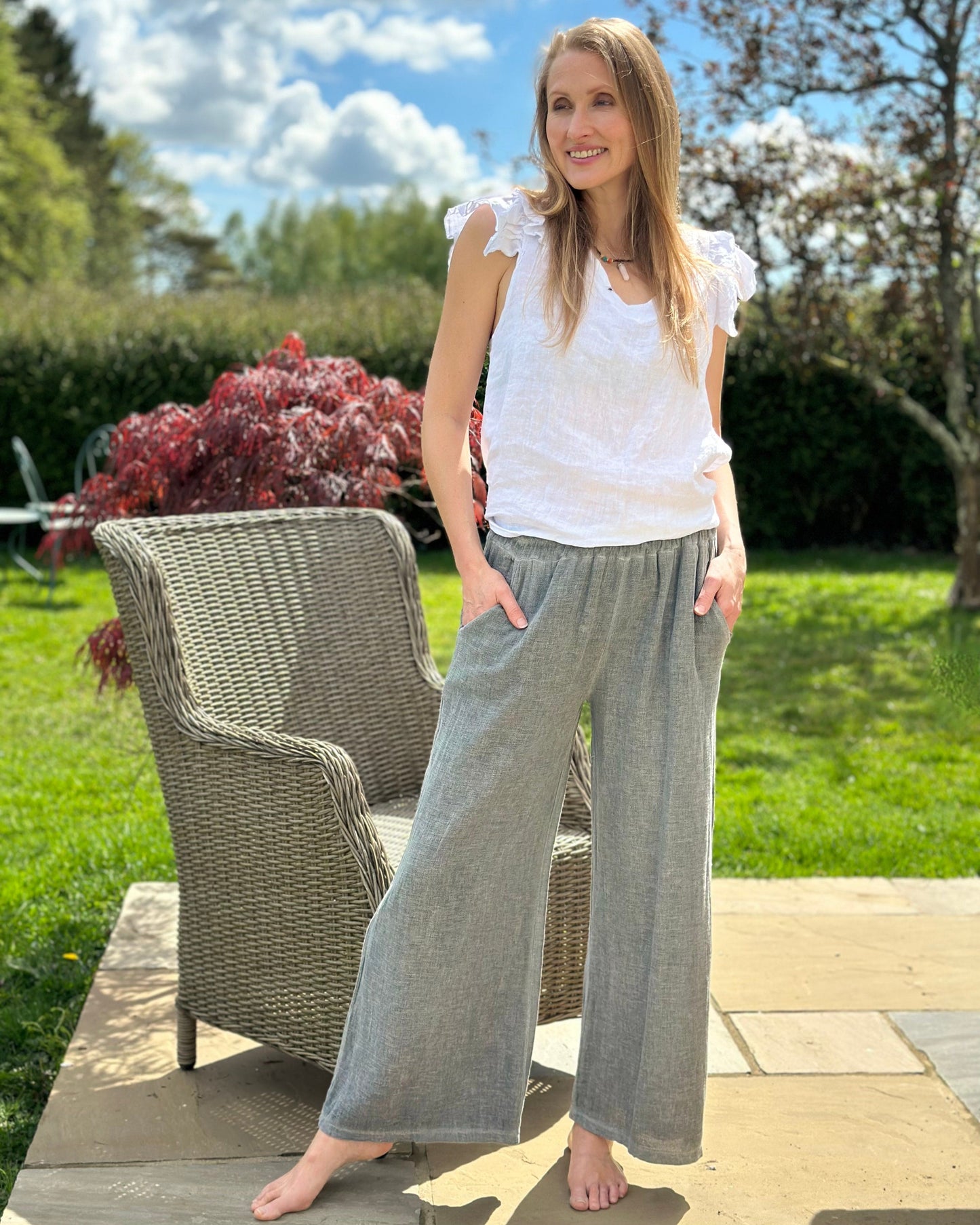 clothing Linen Mix Wide Leg Trousers - Charcoal