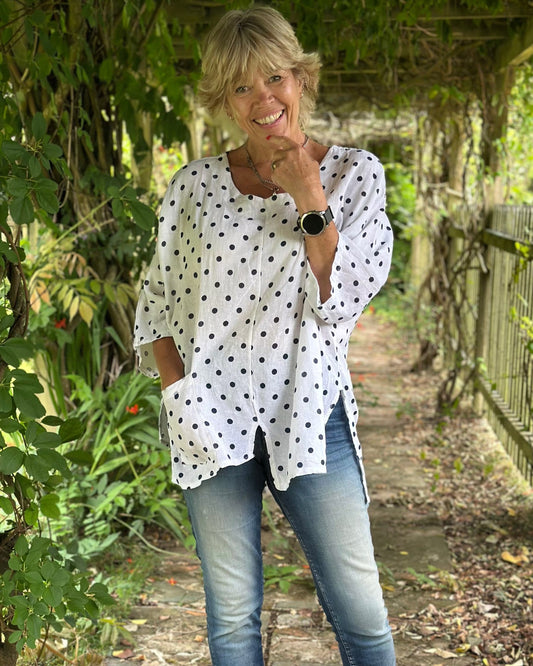 Clothing Linen Polka Dot Top - White/Navy
