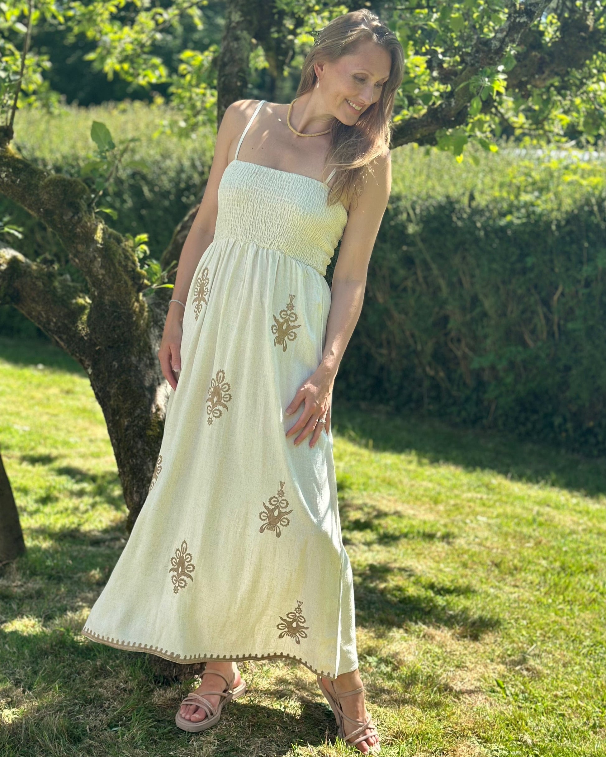 Clothing Linen Shirred Maxi Dress - Cream