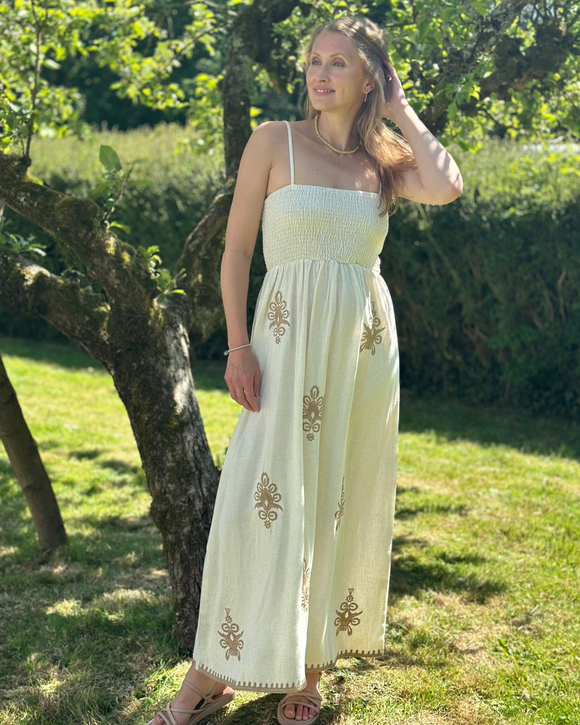 Clothing Linen Shirred Maxi Dress - Cream