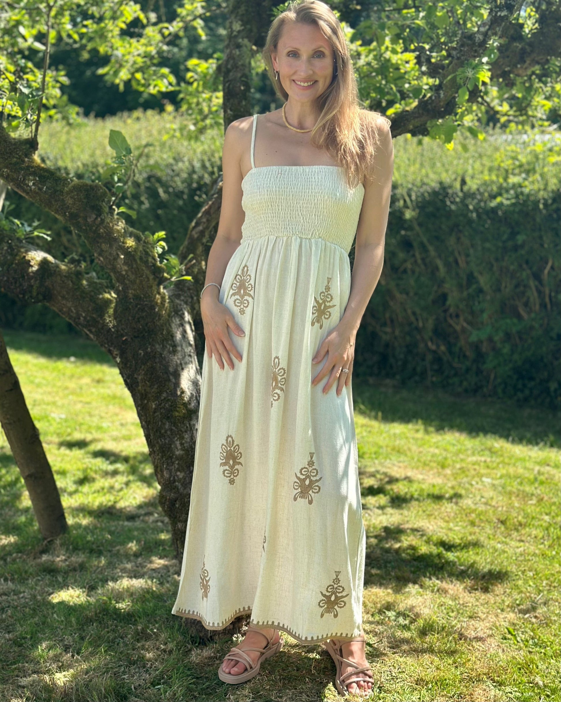 Clothing Linen Shirred Maxi Dress - Cream