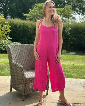 clothing Linen Tie Strap Dungarees - Fuchsia