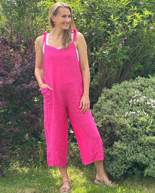 clothing Linen Tie Strap Dungarees - Fuchsia