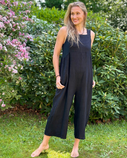 clothing Linen Zip Back Dungarees - Black
