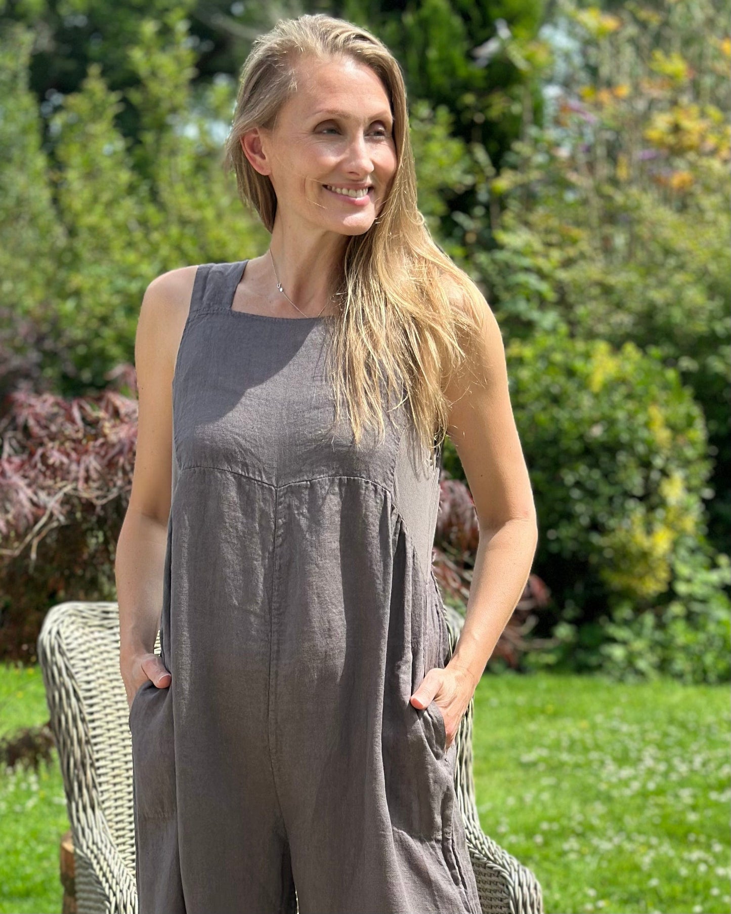 clothing Linen Zip Back Dungarees - Chocolate Brown