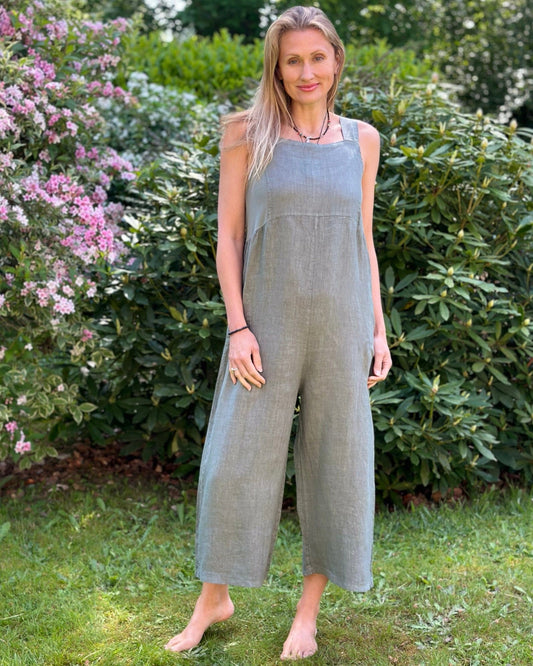 clothing Linen Zip Back Dungarees - Khaki