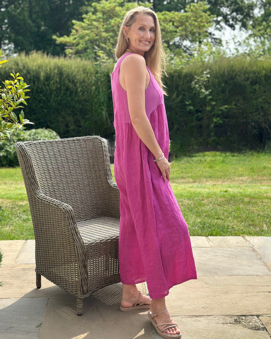 clothing Linen Zip Back Dungarees - Magenta