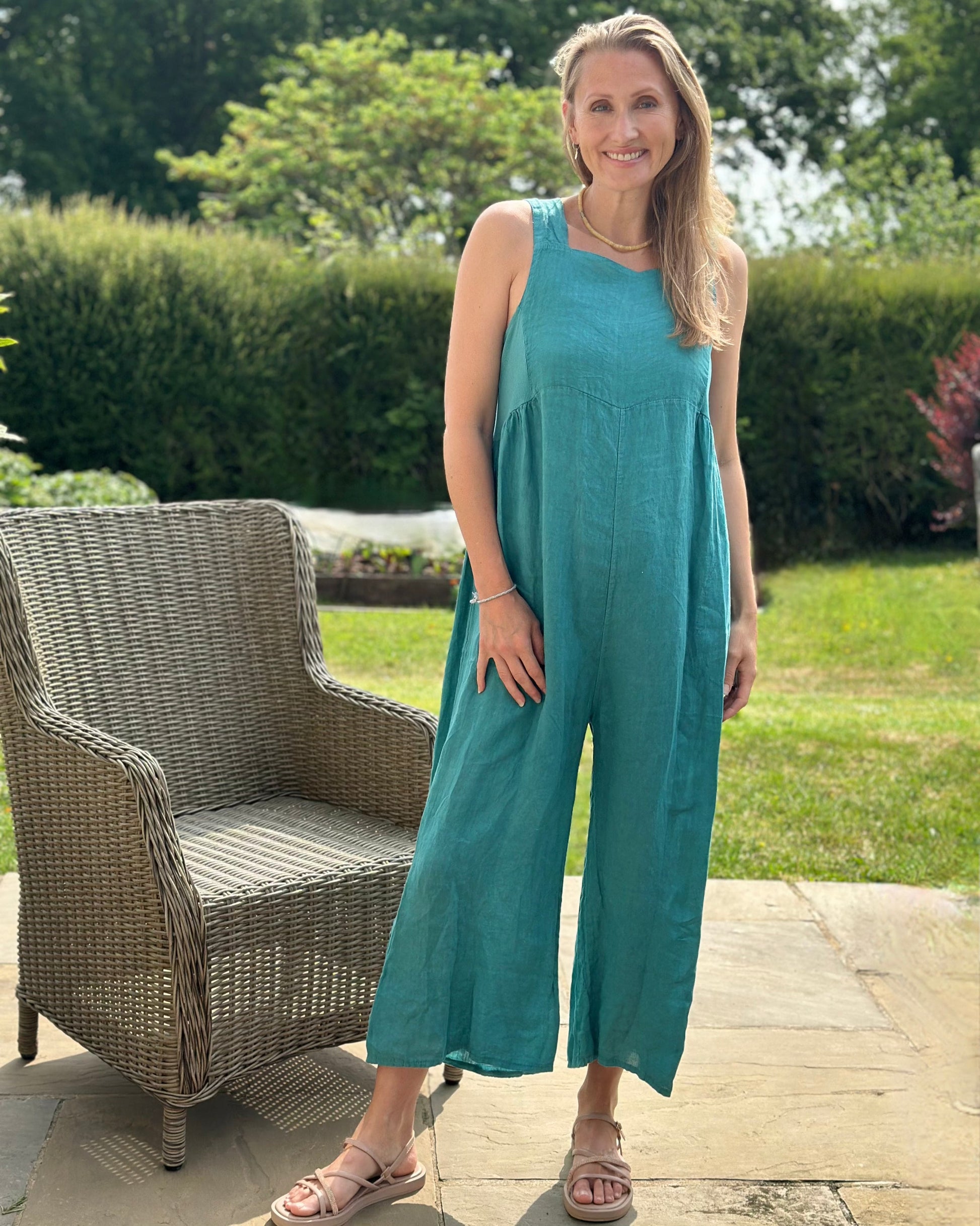 clothing Linen Zip Back Dungarees - Teal