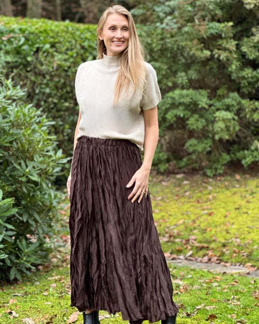 clothing Long Crinkle Satin Skirt - Chocolate Brown