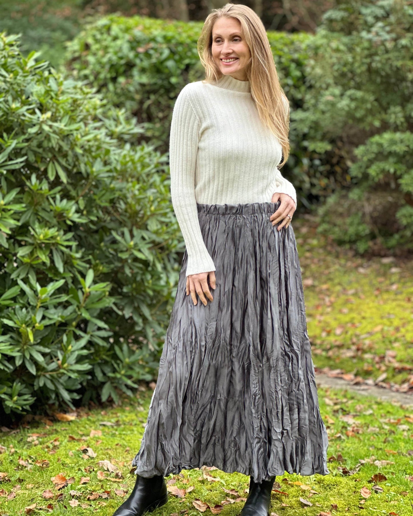 clothing Long Crinkle Satin Skirt - Grey