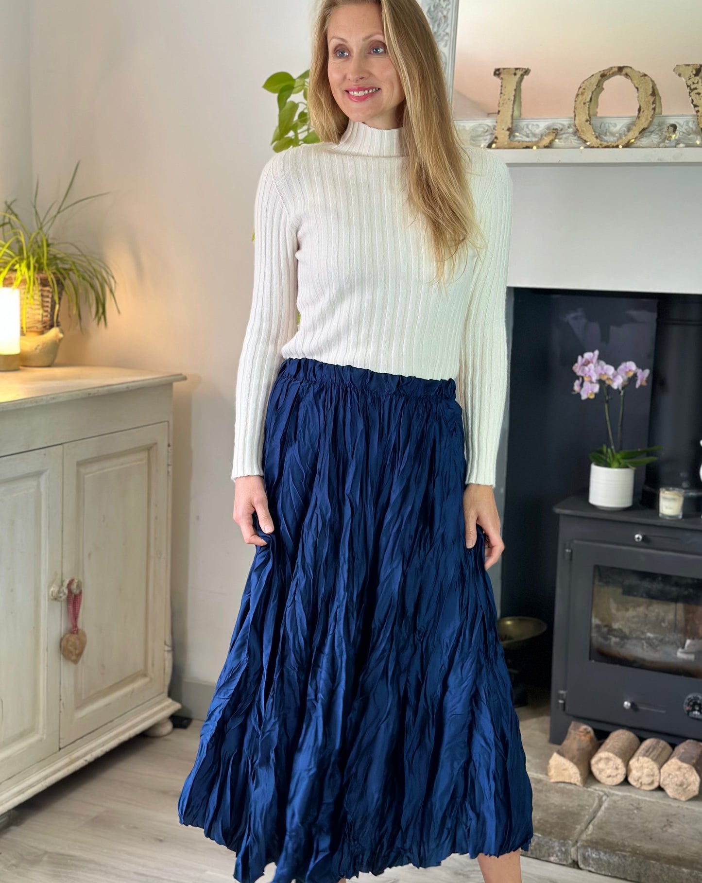 clothing Long Crinkle Satin Skirt - Navy