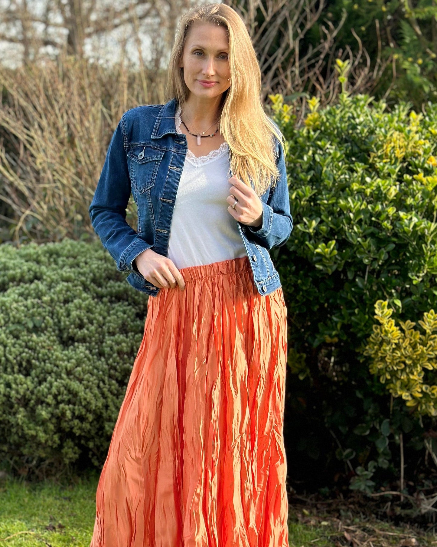 clothing Long Crinkle Satin Skirt - Orange